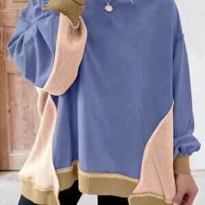 Color Block Waffle Knit Long Sleeve Sweatshirt‎